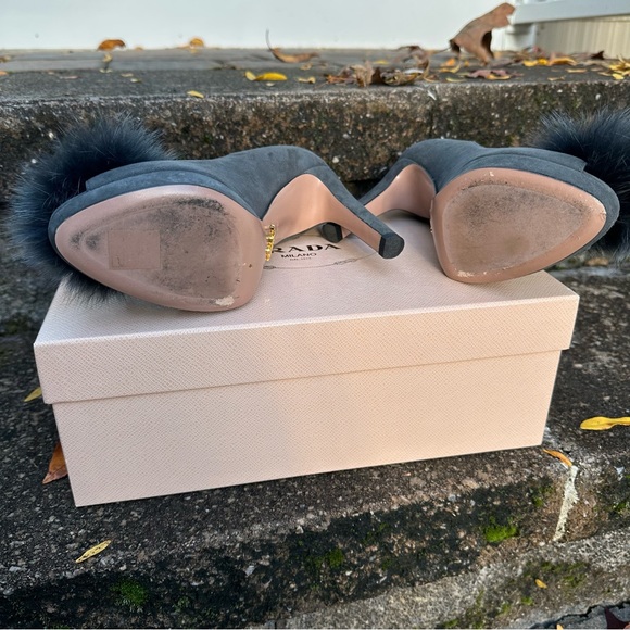 Prada Anthracite Suede Fur Pom Peep Toe Heels - Picture 6 of 7